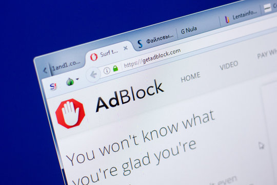 Ryazan, Russia - May 08, 2018: AdBlock website on the display of PC, url - GetAdBlock.com.