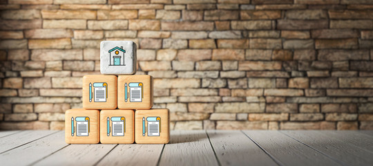 Fototapeta na wymiar cubes with contract icons in front of brick wall on wooden floor