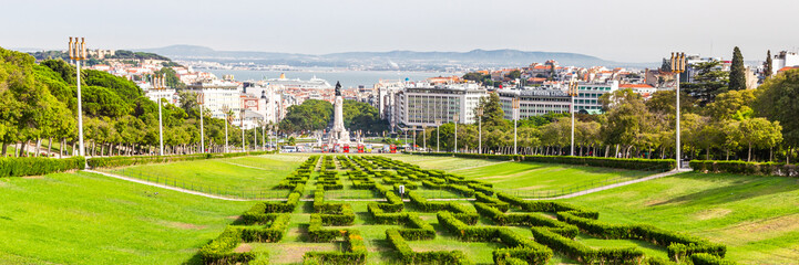 Marquis of Pombal Square and its statue from the viewpoint of the Eduardo VII Park in Lisbon Portugal