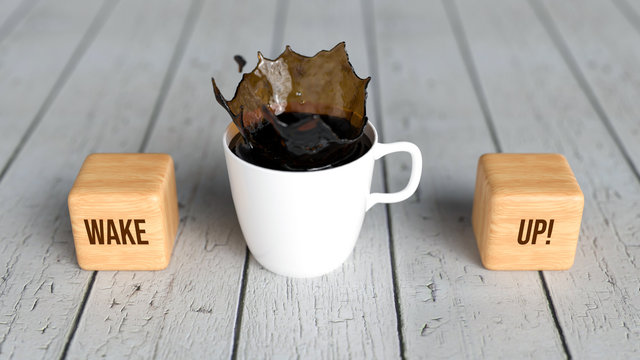 cup of coffee and cubes with text "wake up" on wooden background