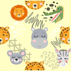 Seamless pattern with rhinoceros, elephant, crocodile. Creative bay animals background.