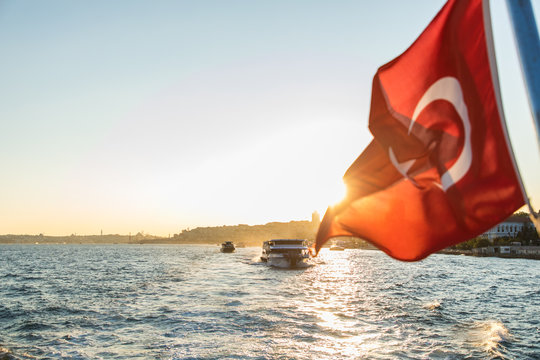 ISTANBUL TYRKEY - October, 2019. wake of a passenger ship with blue sky and clouds. view behind the speed boat. Boat back view on the black sea in the Istanbul, Turkey.