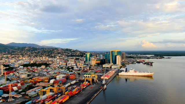 Aerial view of Port of Spain / Trinidad and Tobago, port, container terminal, government buildings