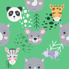 Seamless pattern with rhinoceros, elephant, crocodile. Creative bay animals background.