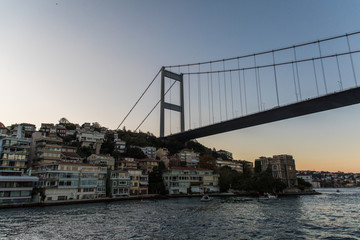 Istanbul, Turkey- October, 2019. Wide angle view from Golden Horn Metro Bridge, a cable-stayed bridge along the M2 line of the Istanbul Metro, spanning the Golden Horn in Istanbul, Turkey.