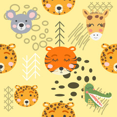 Seamless pattern with rhinoceros, elephant, crocodile. Creative bay animals background.