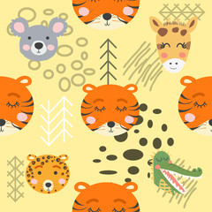Fototapeta premium Cute hand drawn nursery seamless pattern with wild animals in scandinavian style