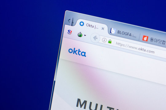 Ryazan, Russia - May 08, 2018: Okta website on the display of PC, url - Okta.com.