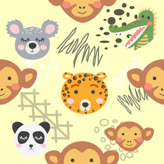 Cute hand drawn nursery seamless pattern with wild animals in scandinavian style
