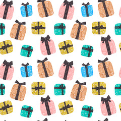 Color Gift Boxes Isolated on White Background Seamless Pattern. Hand Painted with Felt Tip Pen.