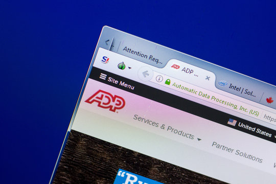 Ryazan, Russia - May 08, 2018: ADP website on the display of PC, url - ADP.com.