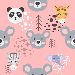Cute hand drawn nursery seamless pattern with wild animals in scandinavian style