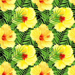 Fototapeta na wymiar Watercolor seamless tropical floral pattern. Yellow hibiscus and palm leaves on black background. Hand drawn watercolor seamless pattern with colorful tropical flowers.