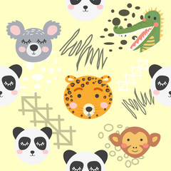 Cute hand drawn nursery seamless pattern with wild animals in scandinavian style