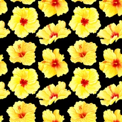 Fotobehang Tropische Bladeren Watercolor seamless tropical floral pattern. Big yellow hibiscus on black background. Hand drawn watercolor seamless pattern with yellow tropical flowers. Sunny flowers  © BarvArt