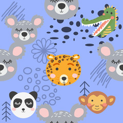 Naklejka premium Cute hand drawn nursery seamless pattern with wild animals in scandinavian style