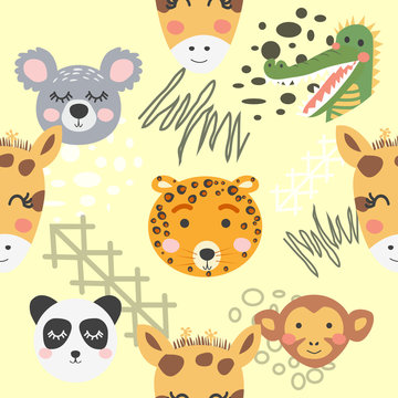 Cute hand drawn nursery seamless pattern with wild animals in scandinavian style