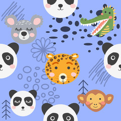 Obraz premium Cute hand drawn nursery seamless pattern with wild animals in scandinavian style