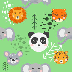 Seamless childish pattern with cute animal faces. Creative nursery background