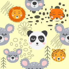 Seamless childish pattern with cute animal faces. Creative nursery background