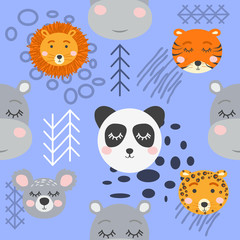 Seamless childish pattern with cute animal faces. Creative nursery background
