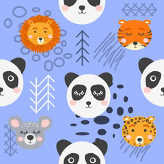 Seamless childish pattern with cute animal faces. Creative nursery background