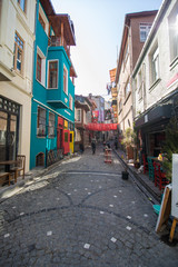 Fototapeta na wymiar ISTANBUL, TURKEY - October, 2019: Colorful Houses in old city Balat, Istanbul, Turkey.
