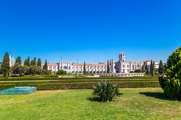 Fototapeta na wymiar The Jeronimos Monastery or Hieronymites Monastery, a former monastery of the Order of Saint Jerome near the Tagus river in the parish of Belem, in Lisbon, Portugal