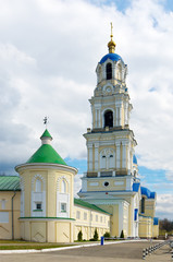 Fototapeta na wymiar Corner tower and bell tower of the assumption monastery of the Kaluga Tikhonova desert