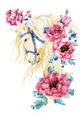 Fototapeta na wymiar Use for spring holliday, festival, greeting. Elegant white horse vector stock illustration with mane, nave blue royal harness, gold emblem, pink peony rose in watercolor style on isolated background.