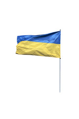 Ukrainian flag on a flagpole waving in the wind Isolated on a white background