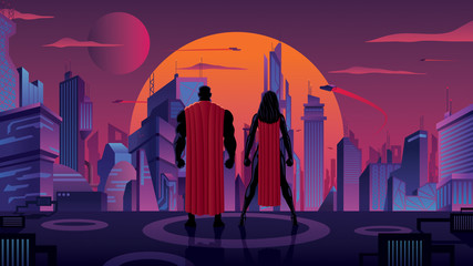 Superhero Couple in Futuristic City © Malchev