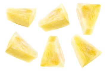Pineapple sliced . Canned pineapple chunks isolated. .Set of pineapple chunks on white isolated. Clipping path..