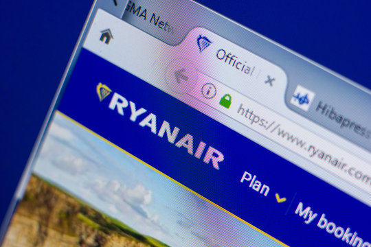 Ryazan, Russia - May 13, 2018: RyanAir website on the display of PC, url - RyanAir.com.