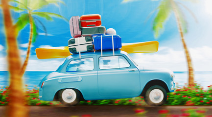 Summer vacation. Car travel concept. 3d rendering