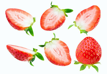 fly strawberry Fresh sliced piece . healthy fruit strawberry on white background isolated