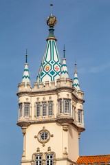 Fototapeta na wymiar Tower of the Sintra city hall constructed and decorated in the Manueline style