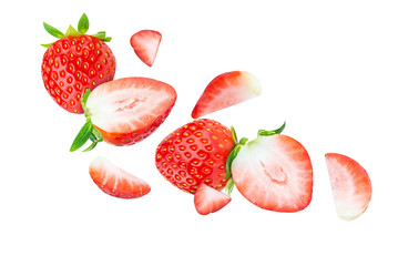 fly strawberry Fresh sliced piece . healthy fruit strawberry on white background isolated