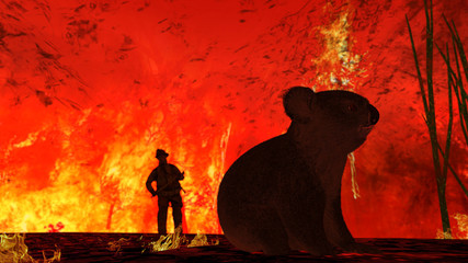 Alone koala bear sitting in flames has nothing to do to save his life but fireman is there to rescue 3d rendering © bekirevren