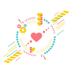 Heart surrounded by geometric dynamic elements. Concept and emblem love. Vector composition on white background.