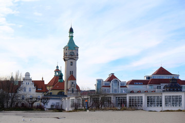 Panorama of Sopot from the beach with a characteristic lighthouse tower. Sopot is a well-known resort on the Baltic Sea. Poland