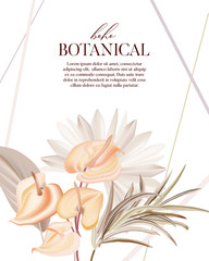 Bohemian  plant: pampas, dried palm, orchid, calla realistic vector flowers.  Modern ivory herb boho design, wedding card template. with golden glitter, hand-drawn lettering and bouquet