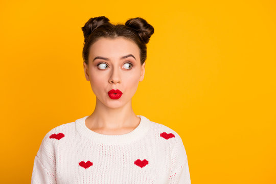 Close-up portrait of her she nice-looking attractive lovely lovable pretty charming cute puzzled amazed girl looking aside guessing isolated on bright vivid shine vibrant yellow color background