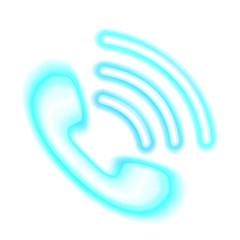 Neon Phone, blue handset icon . Pictogram  illustration. Fluorescent design isolated on white background. Luminescent illumination, sign. Telephone call center, support Web, app Ui