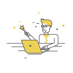 Programmer sitting at a laptop with the magic wand - Vector flat style character - programmer wizard.