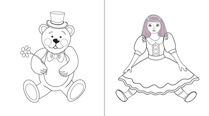 Toys. Flashcards for coloring for children learning English words and vocabulary.