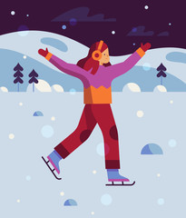 Winter outdoor activities girl having fun skate at night flat