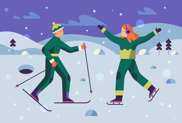 Winter outdoor activities friends couple having fun ski and skate at night