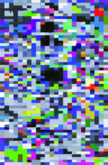 Abstract geometric background with glitch art VHS effect of pixel sorting. Mosaic of random colorful pixels like in 8bit video game.