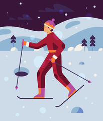 Winter outdoor activities man having fun ski at night flat